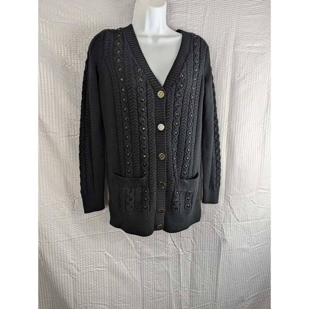 C Wonder Black Cable Knit Studded Cardigan Sweater XXS Gold Buttons Pockets - Picture 2 of 13
